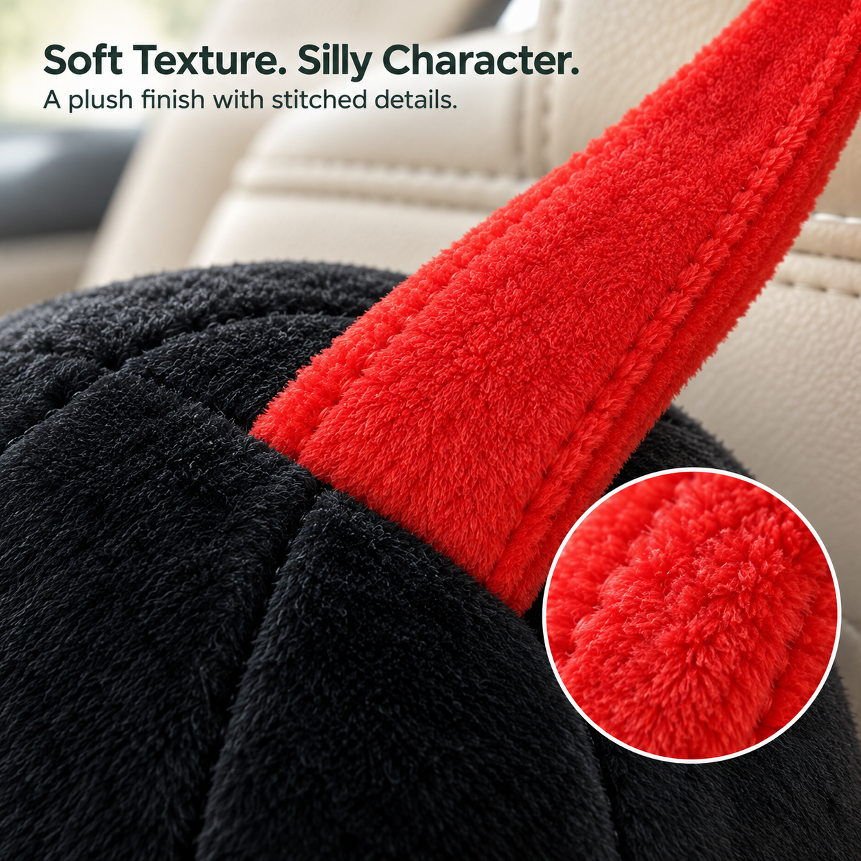 Closeup of the red fabric loop and black plush texture