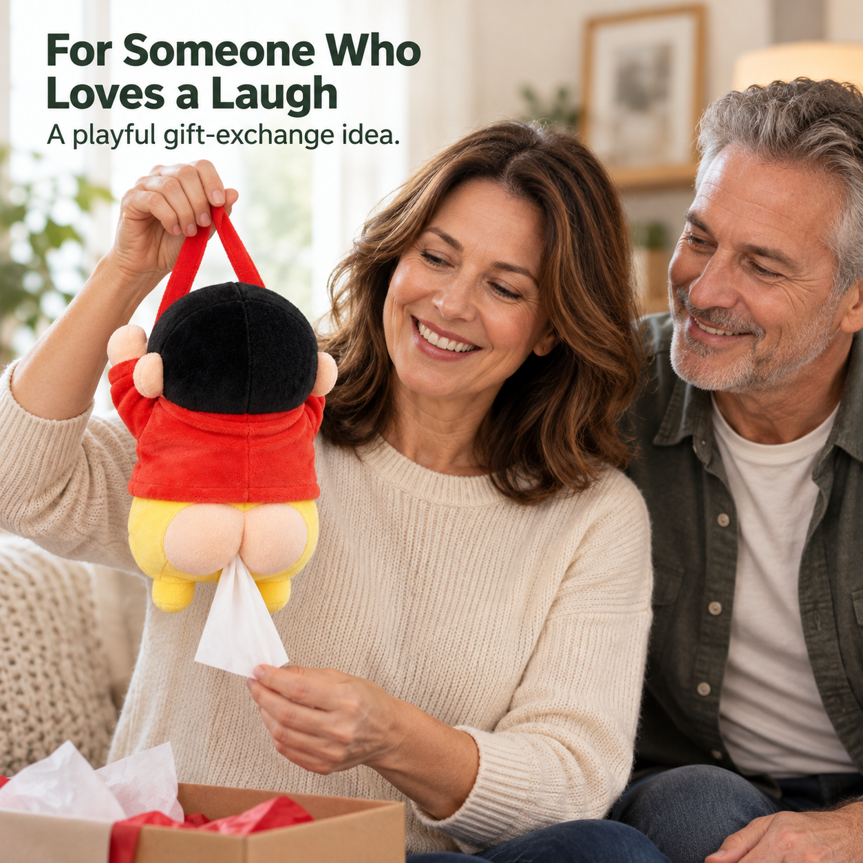Adults enjoying a novelty plush tissue holder gift exchange