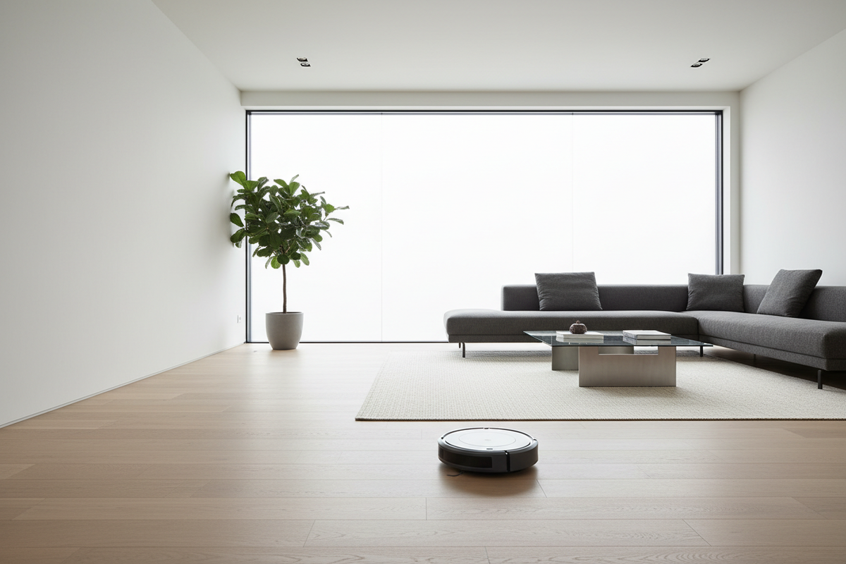 Robot vacuum cleaner cleaning modern living room