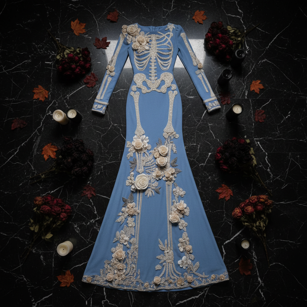 Dress flat lay on dark marble surface