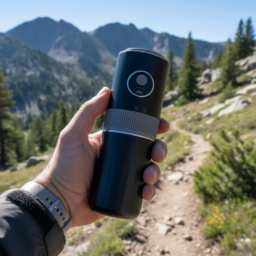 Matte black portable coffee maker held outdoors on a mountain trail