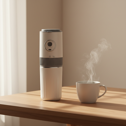 Off-white portable grind and brew coffee maker on a wooden desk with morning coffee