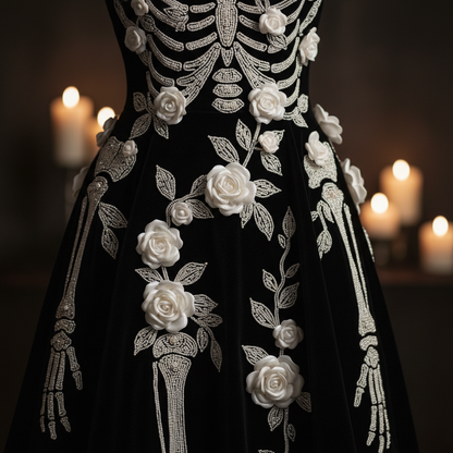 3D floral roses and pearl bone embroidery on black velvet