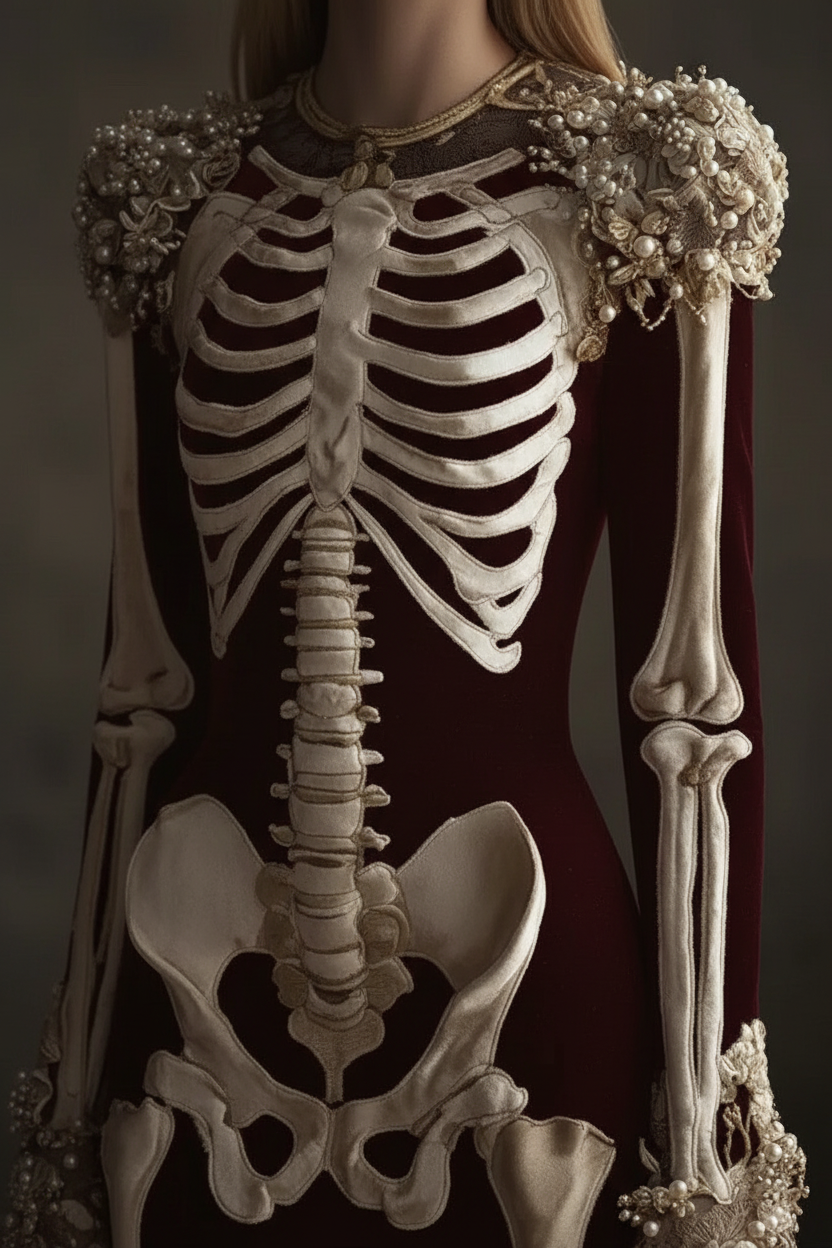 Skeleton embroidery detail close-up - burgundy