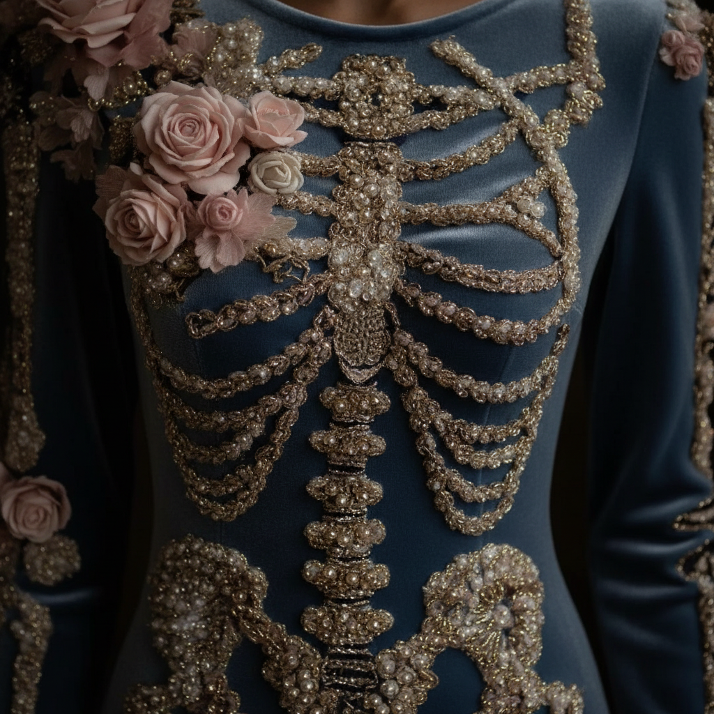 Macro detail of skeleton embroidery
