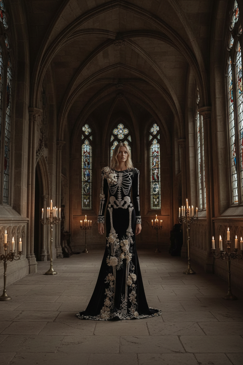 Full length skeleton gown in gothic cathedral