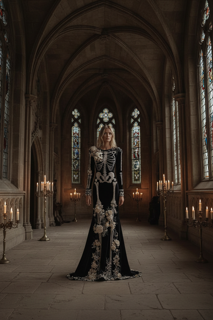 Full length skeleton gown in gothic cathedral
