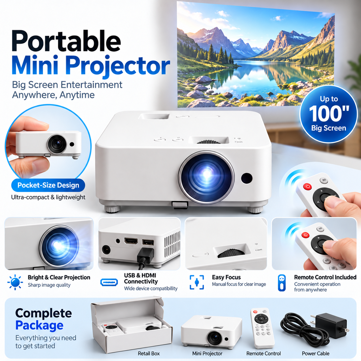 Portable mini projector overview with remote and connection details