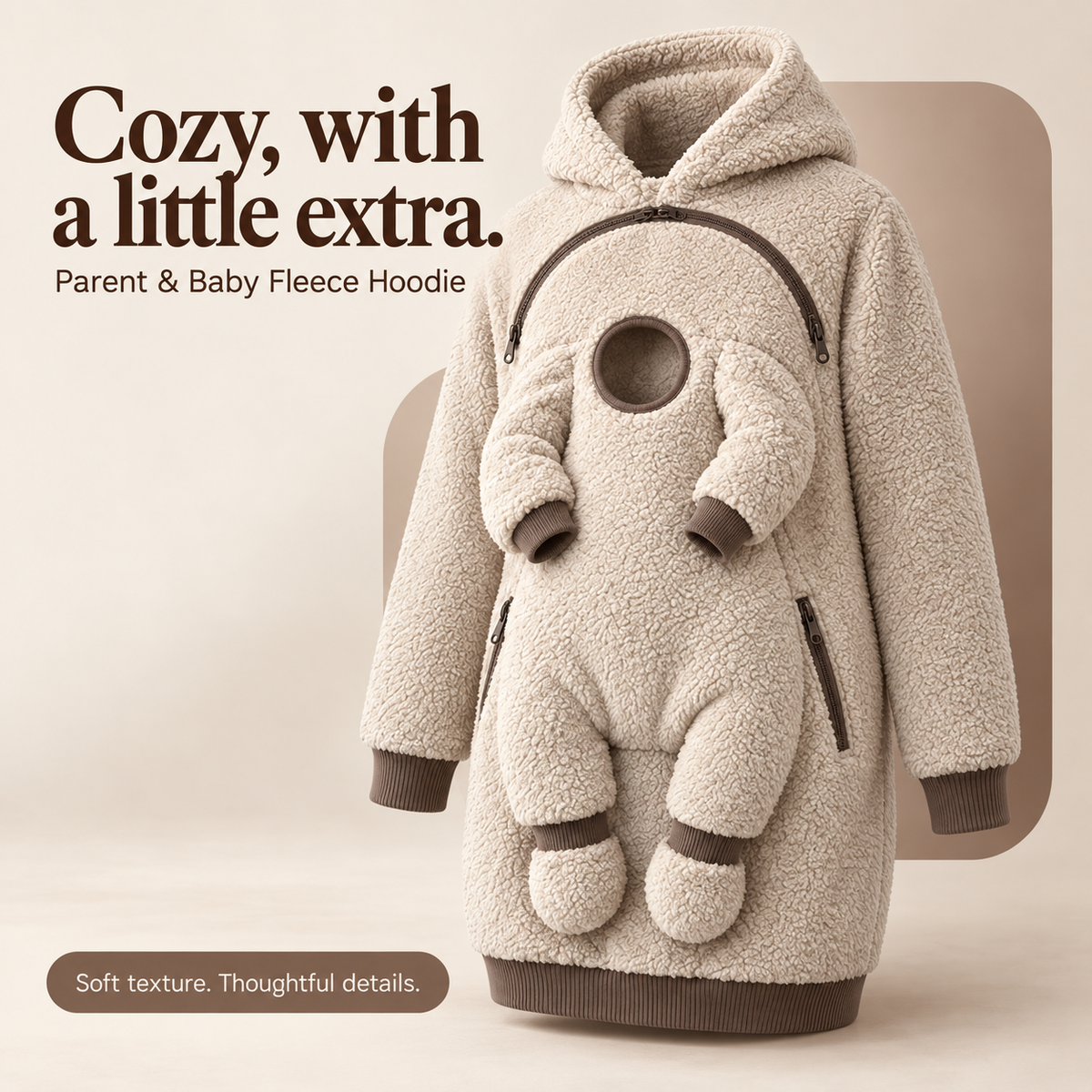 Beige parent and baby fleece hoodie with curved chest zipper and zip pockets
