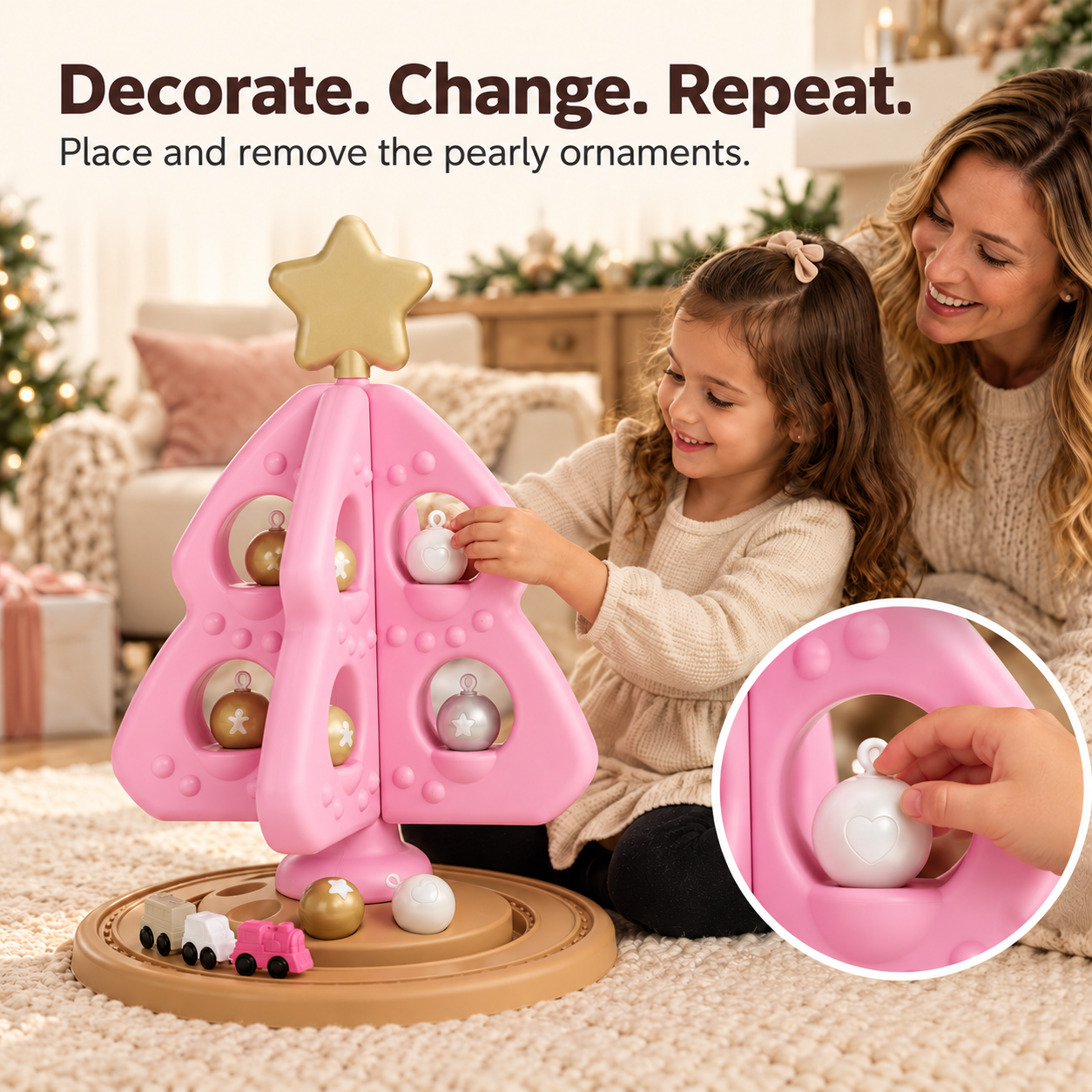 Child placing an ornament on a pink Christmas tree playset