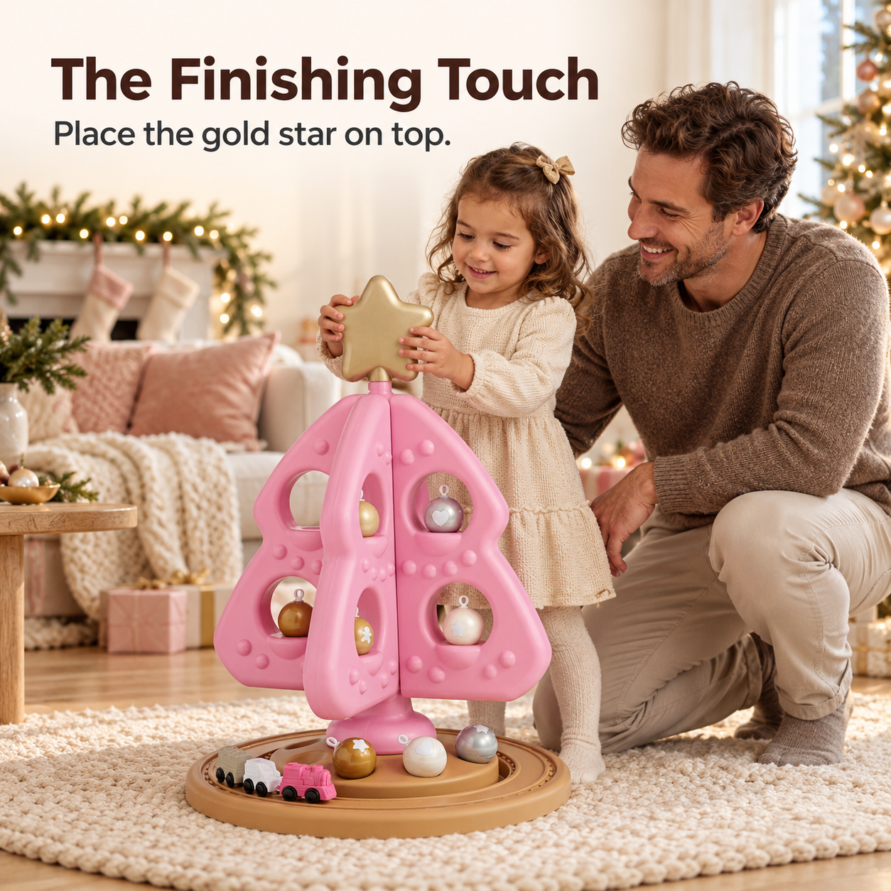 Child and parent placing the gold star topper on the pink Christmas tree