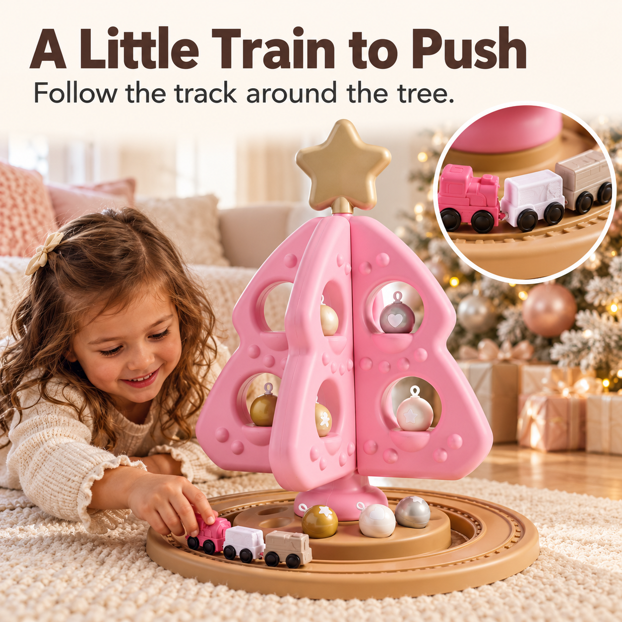 Miniature three-piece train on the circular track around the pink Christmas tree