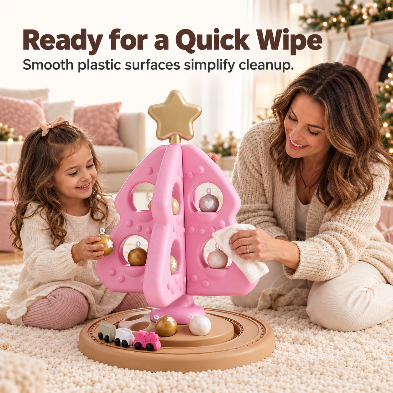 Parent wiping the surface of the pink Christmas tree playset
