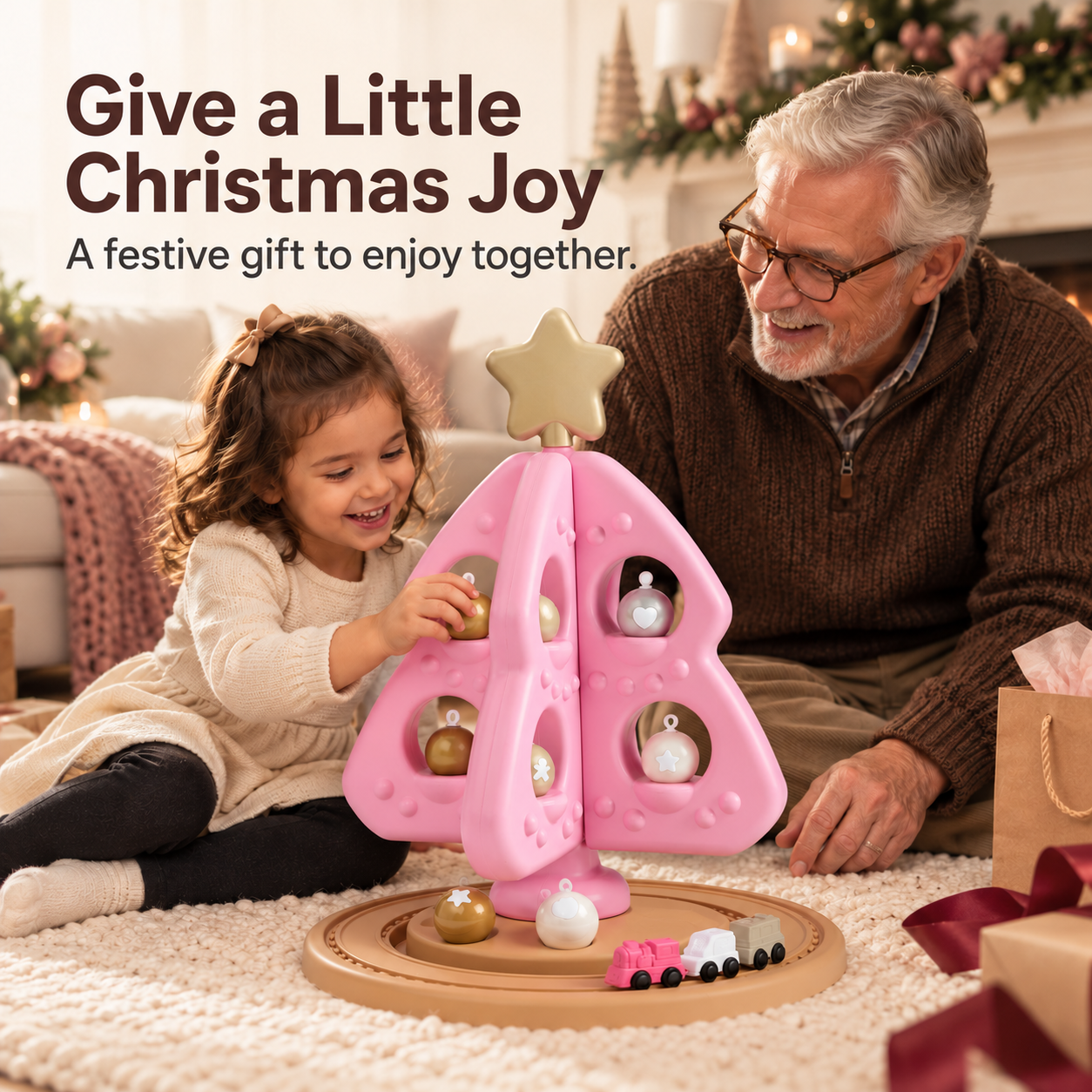 Family enjoying the pink Christmas tree playset together