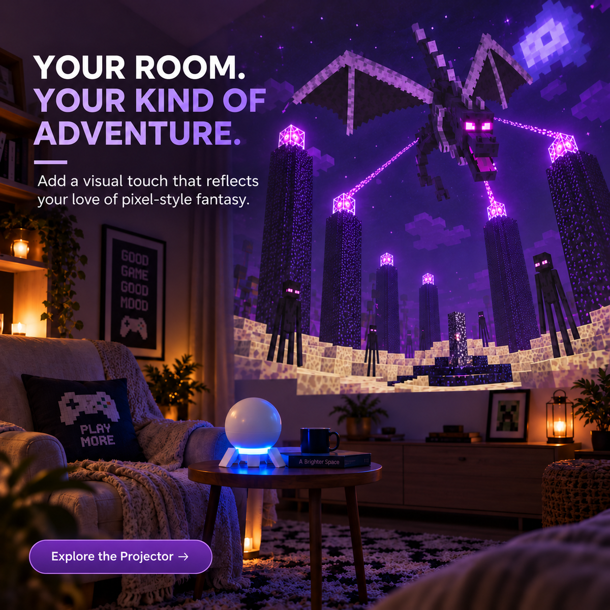 🎮 Pixel Fantasy Scene Projector – Ambient Decor for Gaming Rooms