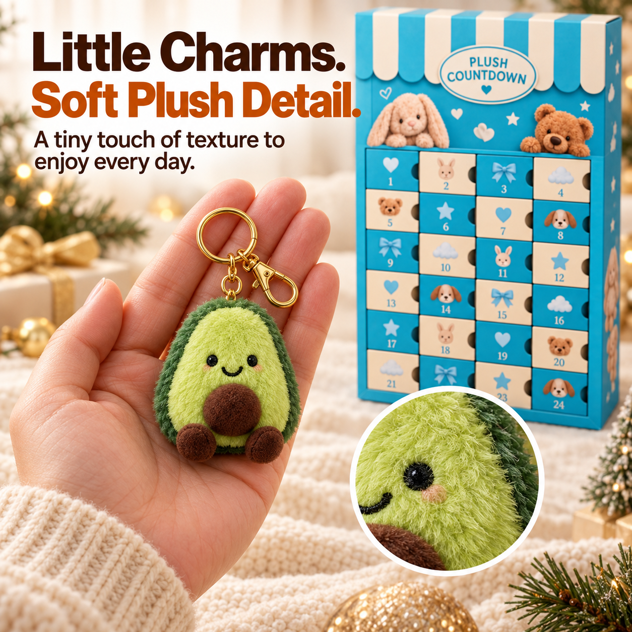Avocado charm showing plush texture with a circular detail view