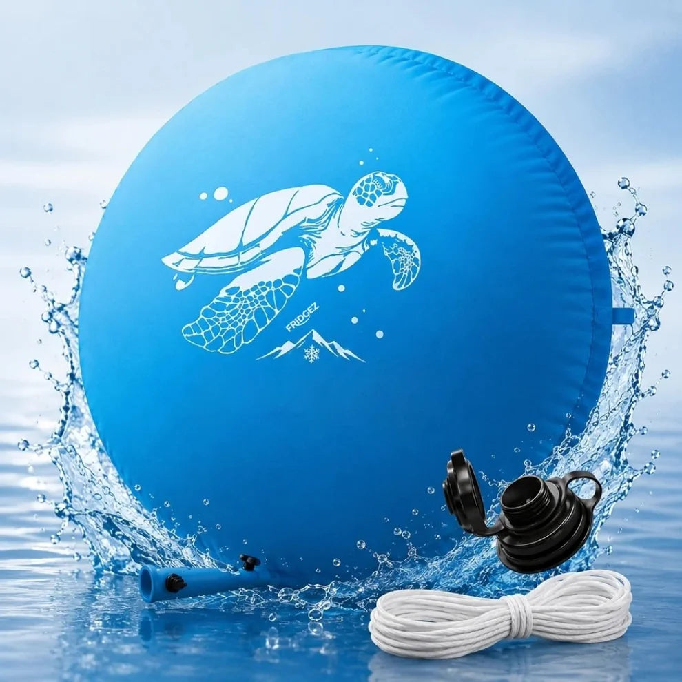 Blue inflatable winter pool pillow with rope and valve