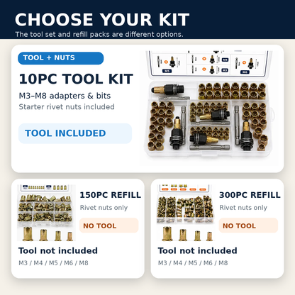 Choose tool kit or rivet nut refill