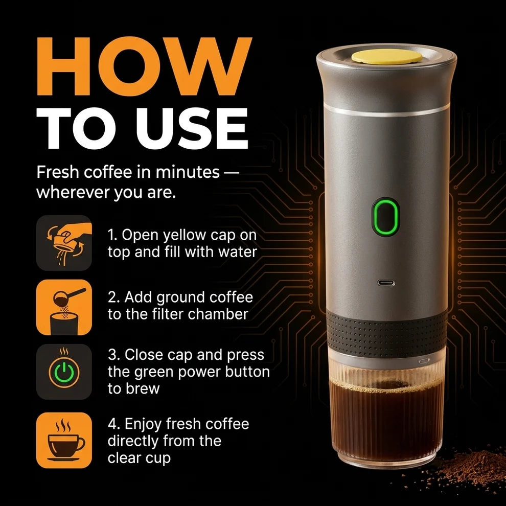 Portable Espresso Coffee Maker – 15-Bar Rechargeable Travel Coffee Machine