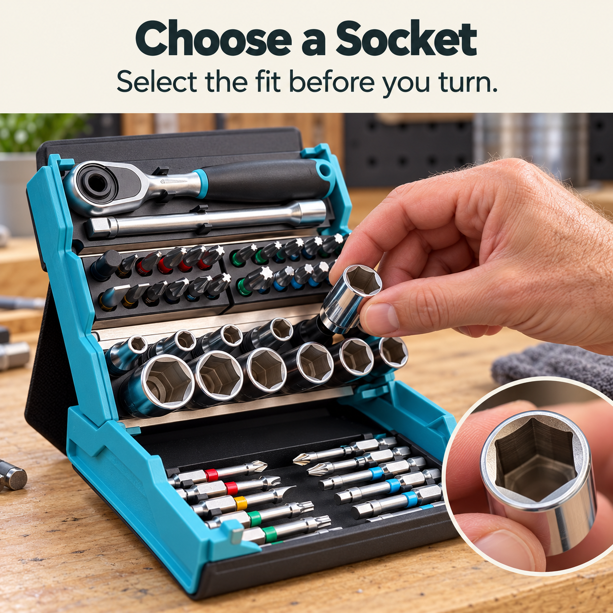 Adult hand selecting a chrome socket with a circular view of the socket opening
