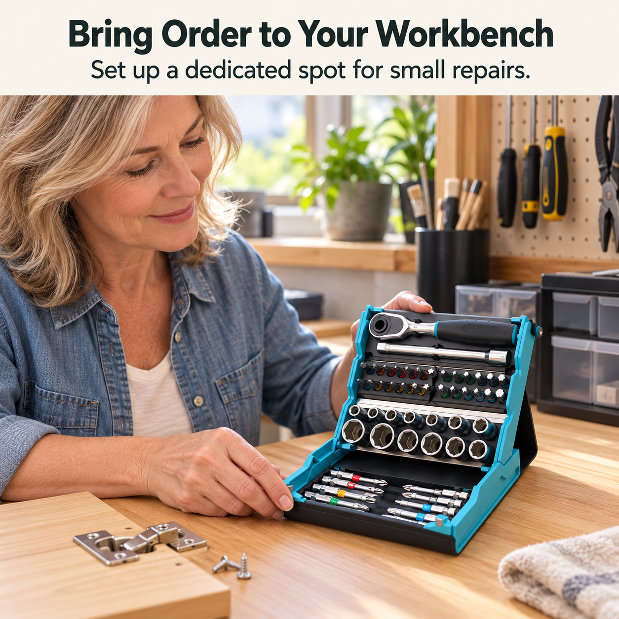 Mature woman arranging an open tool kit on a clear home workbench