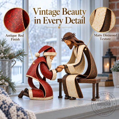 Santa Claus Kneeling Before Jesus Christ Christmas Religious Figurine