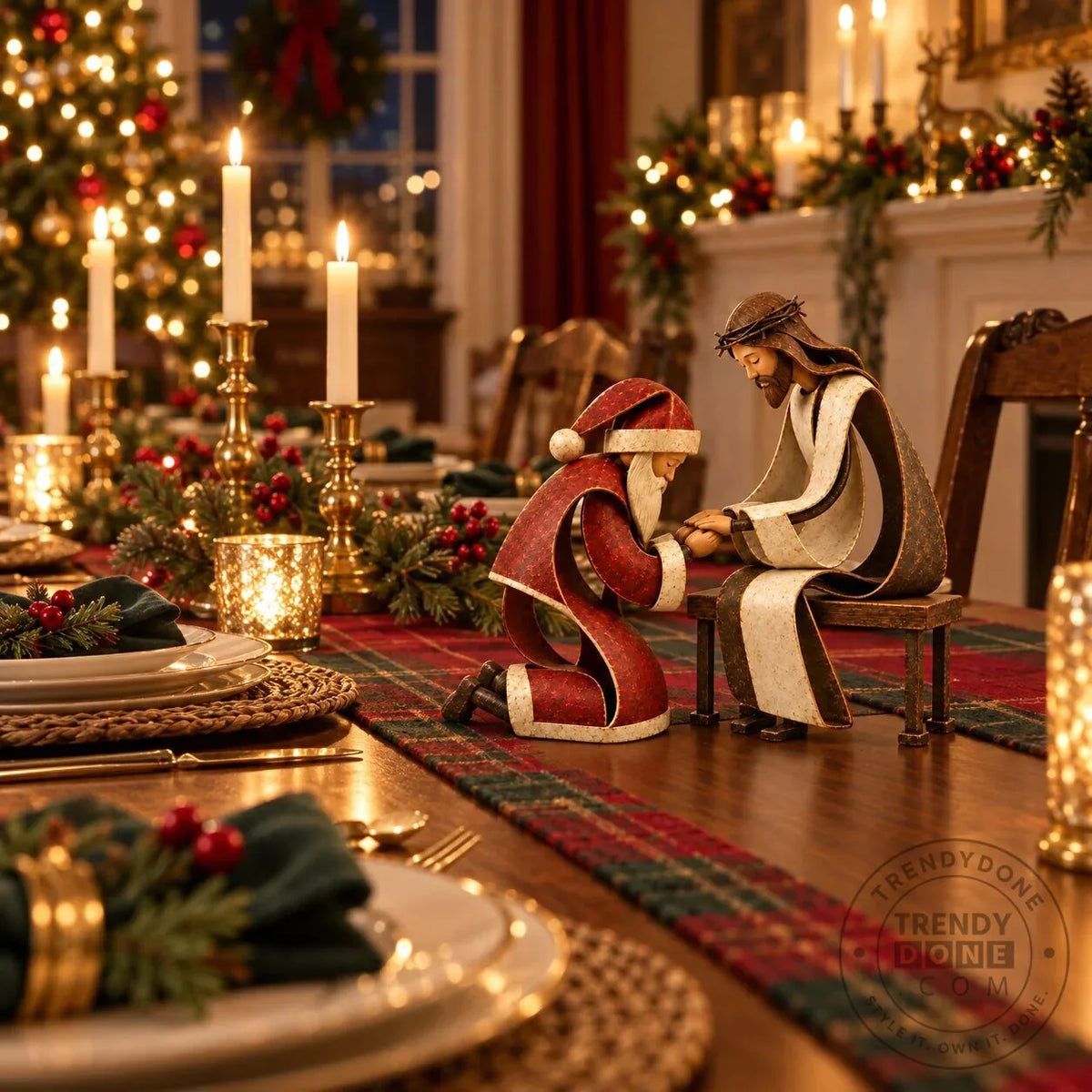 Santa Claus Kneeling Before Jesus Christ Christmas Religious Figurine