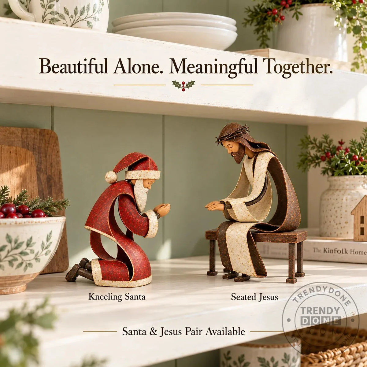 Santa Claus Kneeling Before Jesus Christ Christmas Religious Figurine
