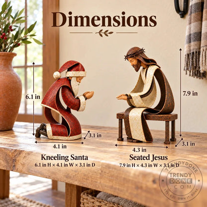 Santa Claus Kneeling Before Jesus Christ Christmas Religious Figurine