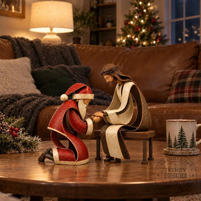 Santa Claus Kneeling Before Jesus Christ Christmas Religious Figurine