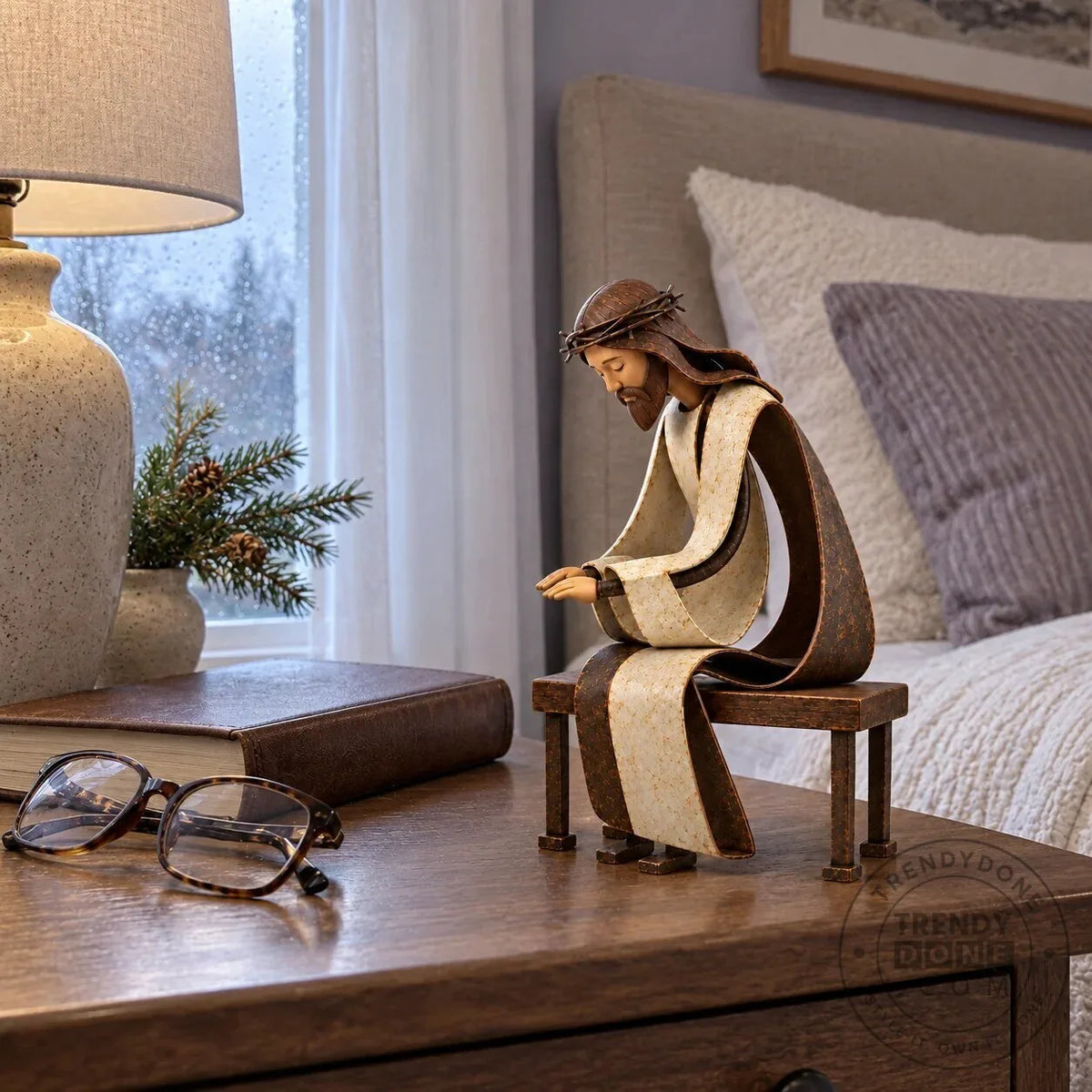 Santa Claus Kneeling Before Jesus Christ Christmas Religious Figurine