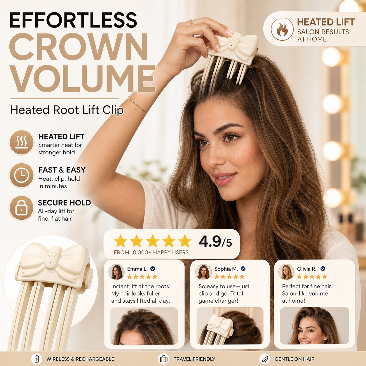 📢📢50% OFF !! ⏰Wireless Heated Volumizing Root Lift Clip - Salon Crown Volume Styling Tool for Fine Flat Hair