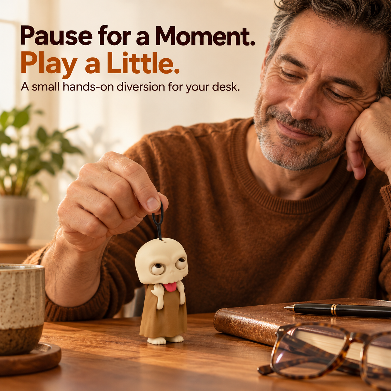 A playful desk pause with the skull figurine