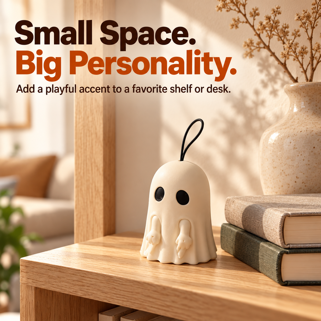 Ghost figure styled on a bookshelf