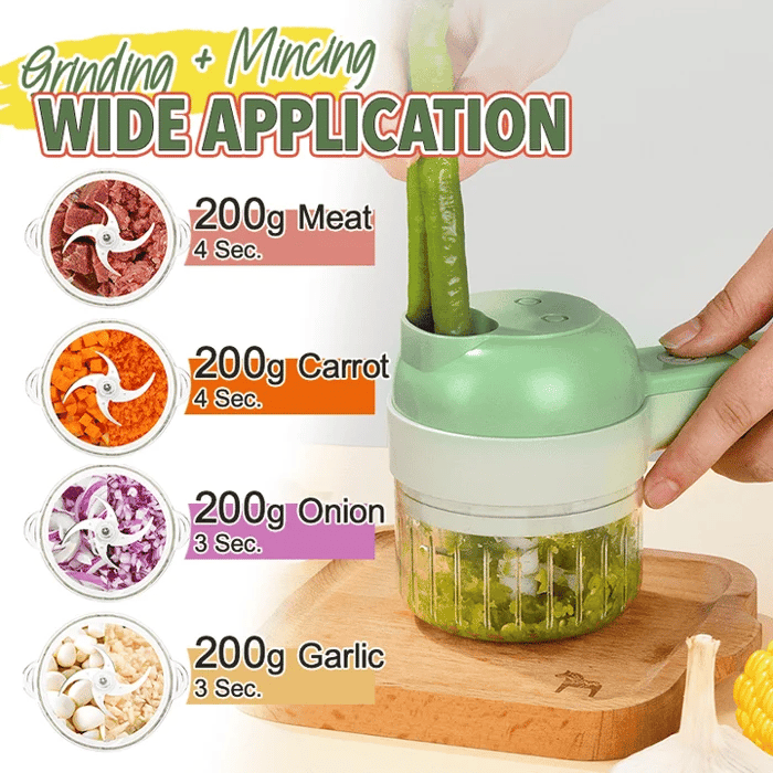 4-in-1 Handheld Electric Vegetable Cutter & Slicer | Cordless Food Processor with Cleaning Brush