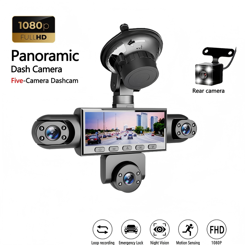 5-lens panoramic dashcam – front, side, rear, and interior – zero blind spots. Provides all-around protection for your vehicle.
