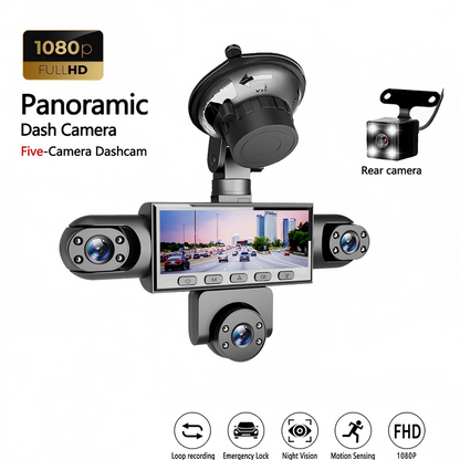 5-lens panoramic dashcam – front, side, rear, and interior – zero blind spots. Provides all-around protection for your vehicle.