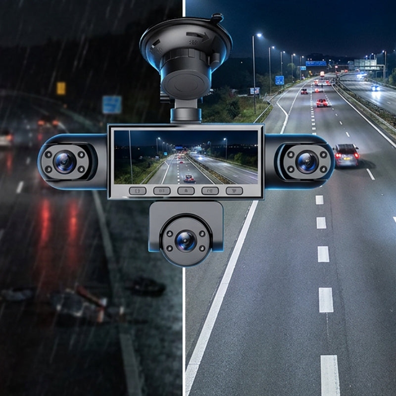 5-lens panoramic dashcam – front, side, rear, and interior – zero blind spots. Provides all-around protection for your vehicle.