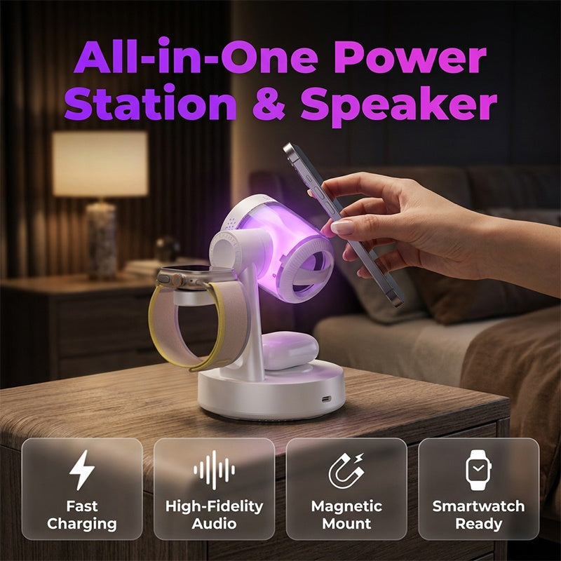 🎧 3-in-1 Wireless Charging Hub & Speaker for Desk & Nightstand — Clean, Cable-Free Charging for Your Ecosystem