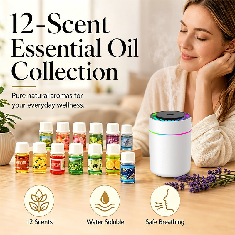 Water-soluble fragrance collection beside a white aroma diffuser