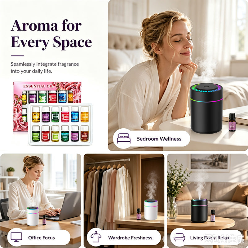 Fragrance set illustrated in bedroom, office and living spaces