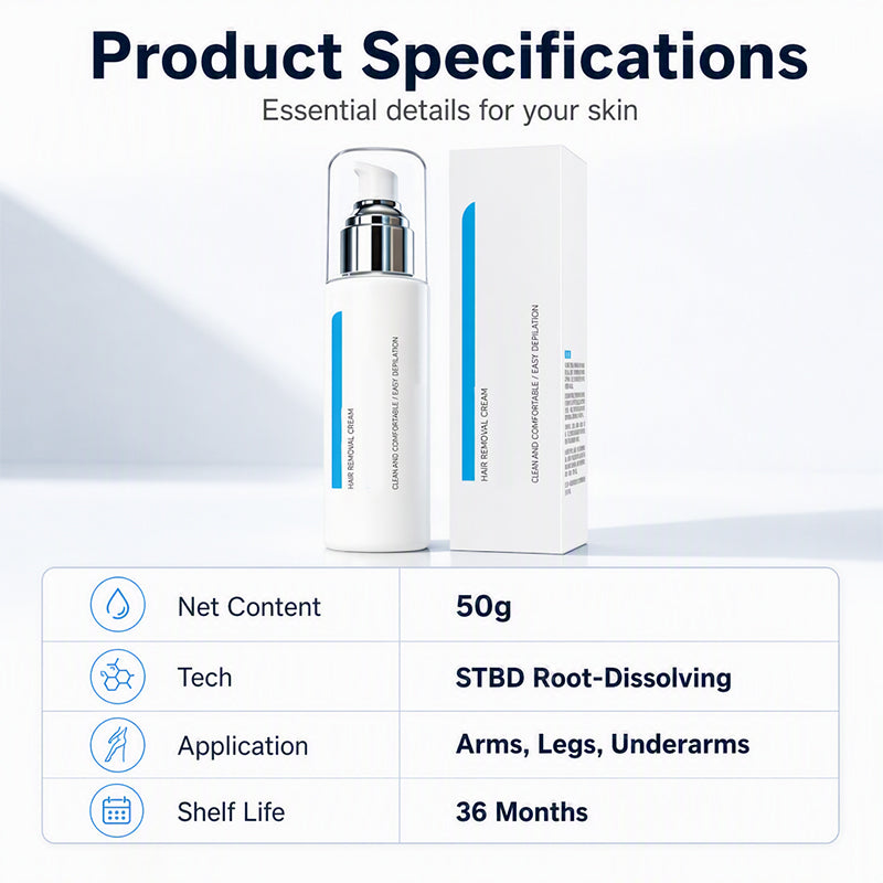 Original product specifications image with a 50 g bottle and carton