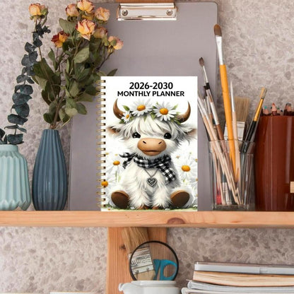 🐮 2026-2030 Calendar 📅  - From January 2026 to December 2030, 5-year calendar, cartoon Highland cow themed cover design, annual calendar planning, month labels, 60-month calendar