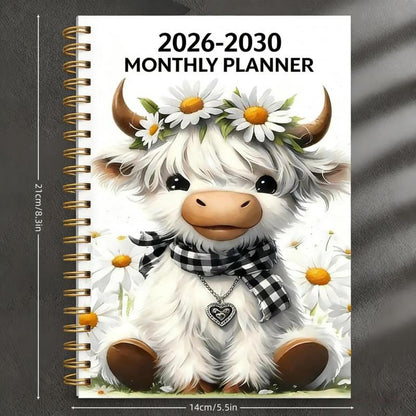 🐮 2026-2030 Calendar 📅  - From January 2026 to December 2030, 5-year calendar, cartoon Highland cow themed cover design, annual calendar planning, month labels, 60-month calendar