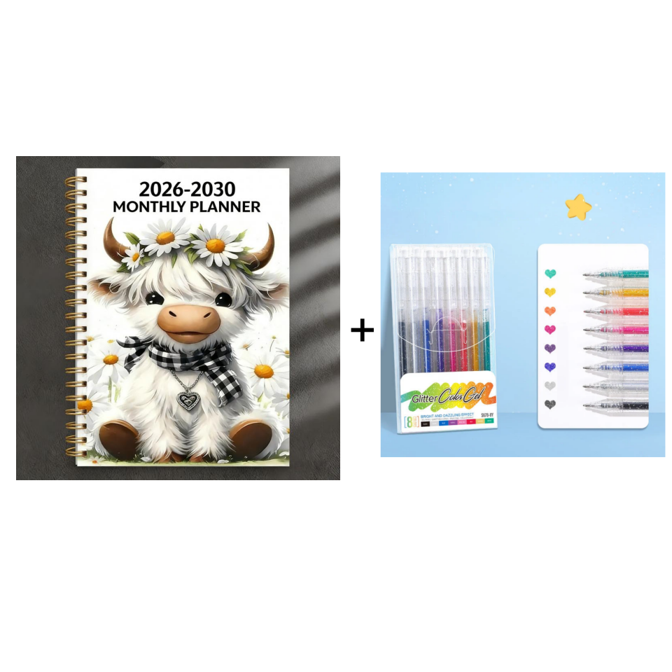 🐮 2026-2030 Calendar 📅  - From January 2026 to December 2030, 5-year calendar, cartoon Highland cow themed cover design, annual calendar planning, month labels, 60-month calendar