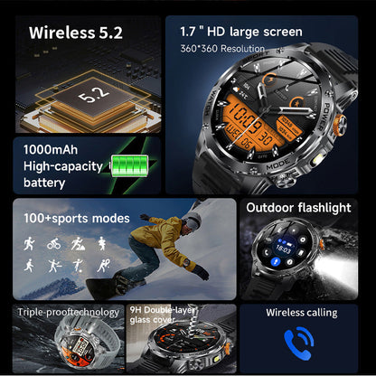 ⌚ 1000mAh Smartwatch – 1.7' Display, 100+ Sports Modes & LED Light