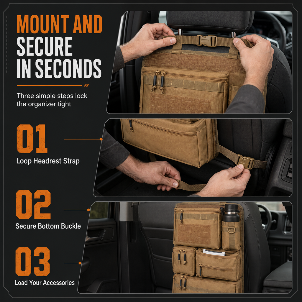 🚗 Tactical Car Backseat Organizer: Heavy-Duty Nylon, Webbed Loops, Buckled Straps, Universal Fit