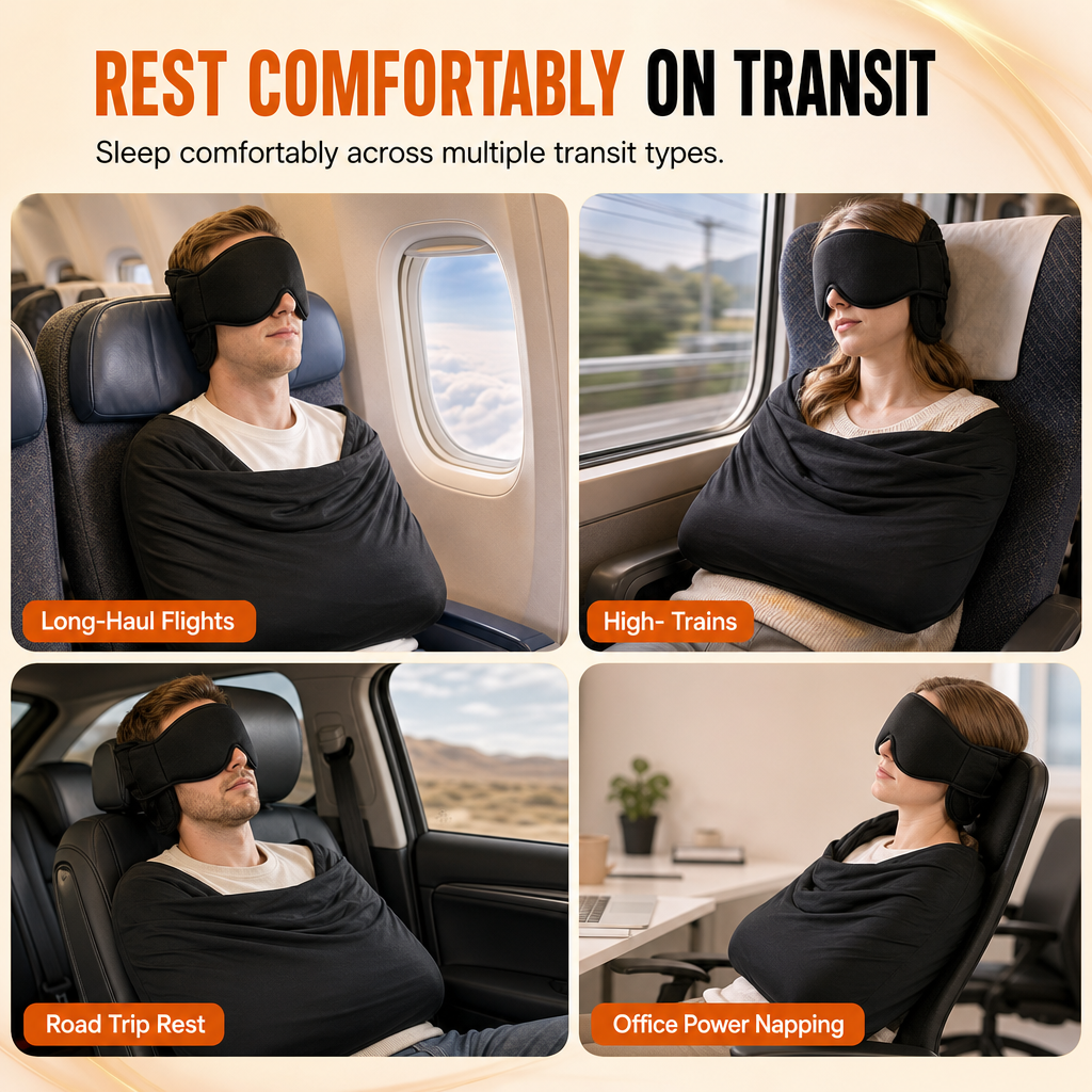 Integrated Memory Foam Travel Pillow and 3D Blackout Sleep Eye Mask Set for Travel Neck Support