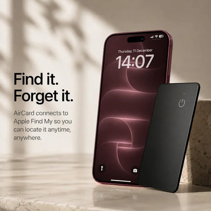 Black AirCard wallet tracker beside a Burgundy iPhone with matching wallpaper and lock screen.