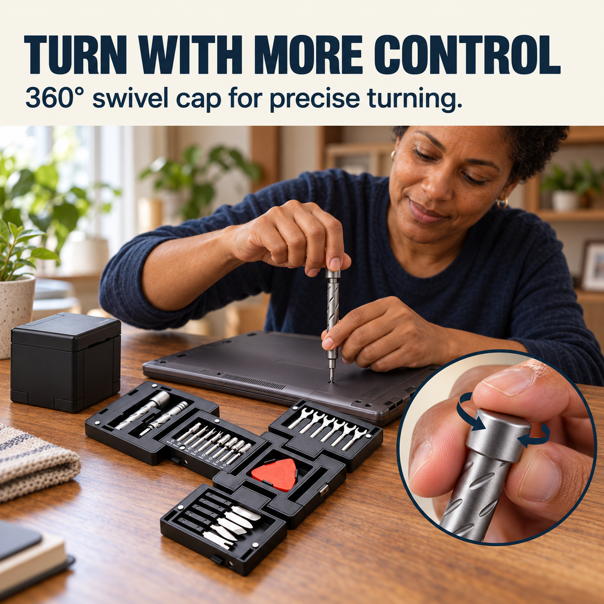 360 degree swivel end cap on precision screwdriver